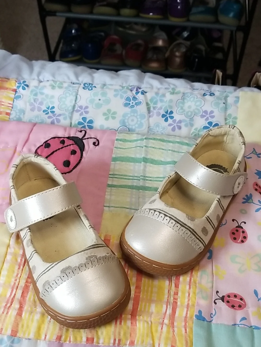 Livie & Luca Cream Metallic Mary Jane Shoes with Strap Size 7